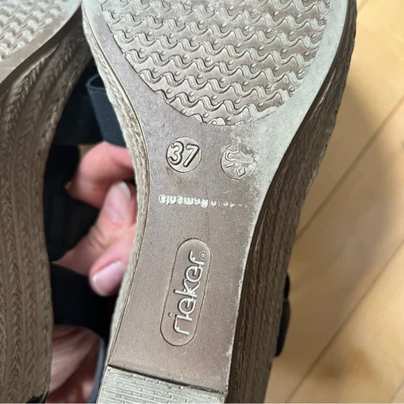 Rieker Wedge Sandals Womens Size 37 EU Shoes Black Slingback Espadrille Leather - Picture 8 of 9